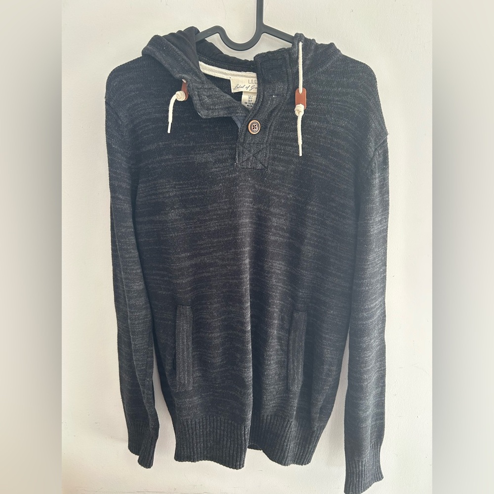 H&M L.O.G.G. dark Grey Hooded Cotton 3/4” Button Up Sweater Hoodie Small